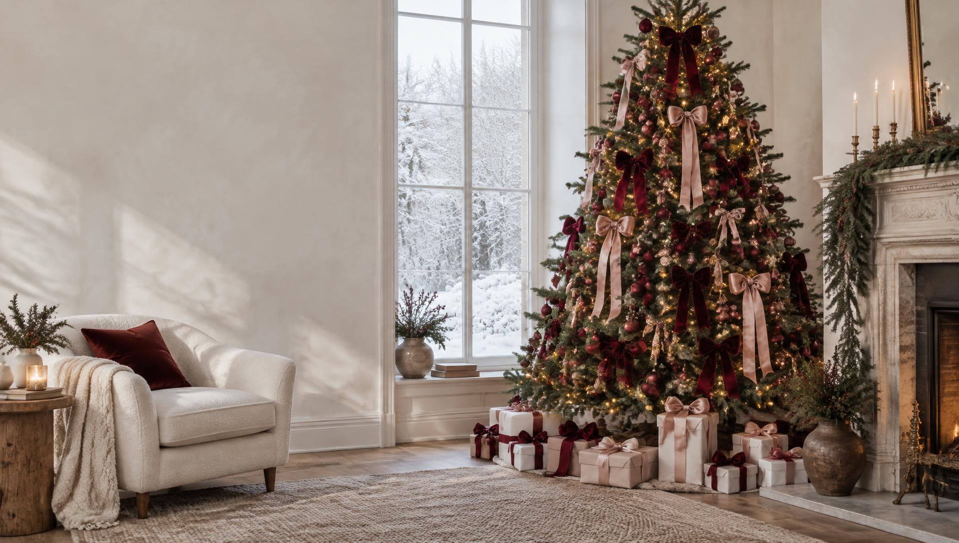 Christmas tree with red bows, pink ribbons and gifts in a cozy festive room.